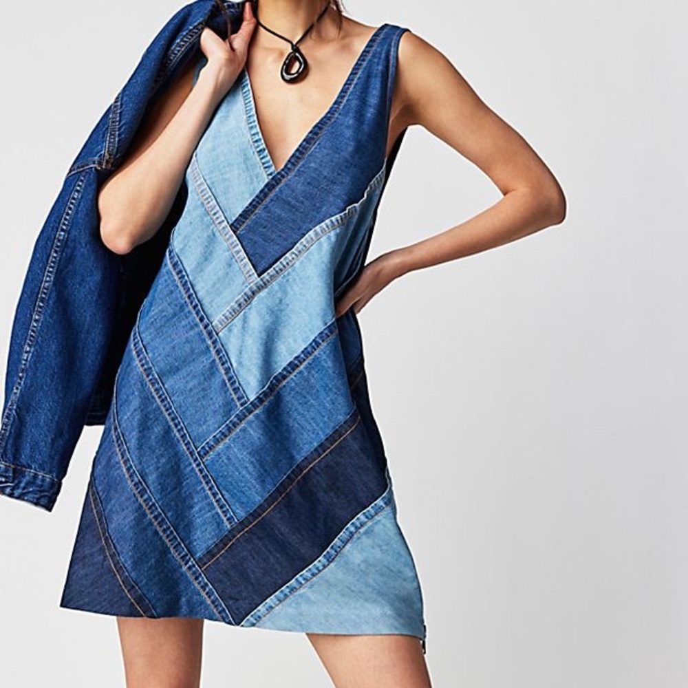 Free People Blue Patches of Denim Mini Dress Medium Side Zip